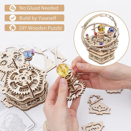 Robotime ROKR Rotating Starry Night Music Box – 3D Wooden Puzzle – Mechanical Solar System Model Kit – Unique Gift for Space Lovers