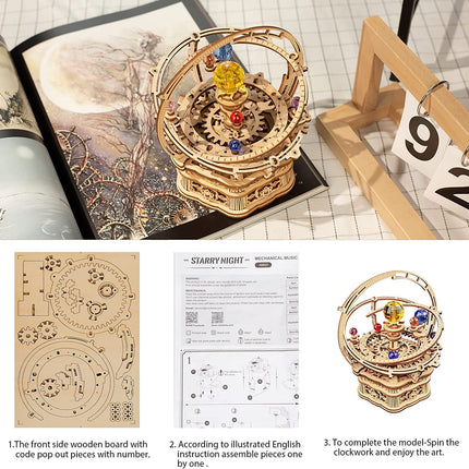 Robotime ROKR Rotating Starry Night Music Box – 3D Wooden Puzzle – Mechanical Solar System Model Kit – Unique Gift for Space Lovers