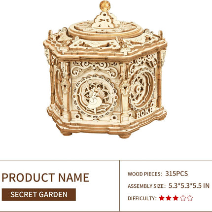Robotime ROKR Secret Garden Mechanical Music Box – 3D Wooden Puzzle for Adults – Rotating DIY Musical Jewelry Box Model Kit