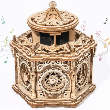 Robotime ROKR Secret Garden Mechanical Music Box – 3D Wooden Puzzle for Adults – Rotating DIY Musical Jewelry Box Model Kit