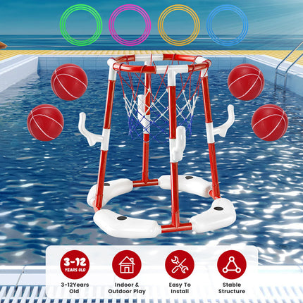 Floating Pool Basketball Hoop Set – 2-in-1 Water Game with 4 Balls & 4 Rings – Summer Swimming Pool Toy for Kids (3-12) & Adults