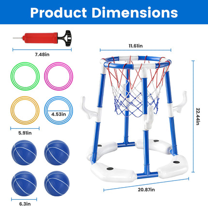 Floating Pool Basketball Hoop Set – 2-in-1 Water Game with 4 Balls & 4 Rings – Summer Swimming Pool Toy for Kids (3-12) & Adults