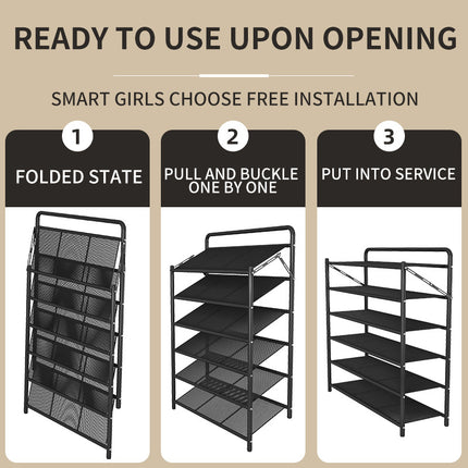 90cm Wide Folding Metal Shoe Rack – 5/6 Tier Heavy-Duty Iron Plate Shoe Organizer – No-Assembly Industrial Shoe Shelf, Black