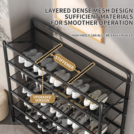 90cm Wide Folding Metal Shoe Rack – 5/6 Tier Heavy-Duty Iron Plate Shoe Organizer – No-Assembly Industrial Shoe Shelf, Black