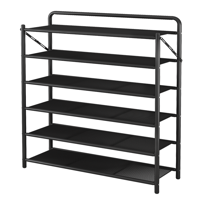 90cm Wide Folding Metal Shoe Rack – 5/6 Tier Heavy-Duty Iron Plate Shoe Organizer – No-Assembly Industrial Shoe Shelf, Black