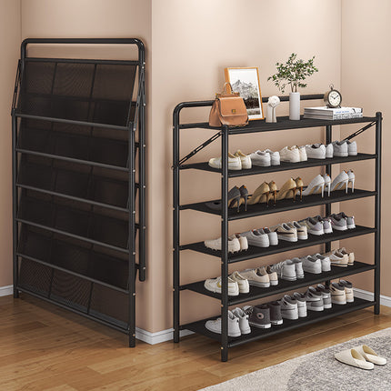 90cm Wide Folding Metal Shoe Rack – 5/6 Tier Heavy-Duty Iron Plate Shoe Organizer – No-Assembly Industrial Shoe Shelf, Black