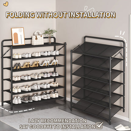 90cm Wide Folding Metal Shoe Rack – 5/6 Tier Heavy-Duty Iron Plate Shoe Organizer – No-Assembly Industrial Shoe Shelf, Black