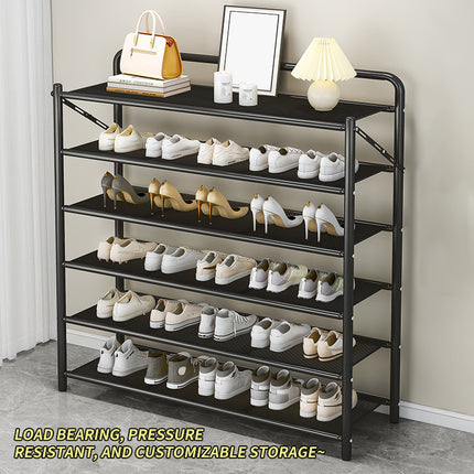 90cm Wide Folding Metal Shoe Rack – 5/6 Tier Heavy-Duty Iron Plate Shoe Organizer – No-Assembly Industrial Shoe Shelf, Black