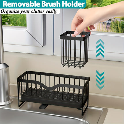 Stainless Steel Kitchen Sink Caddy – Multi-Functional Sponge Holder with Removable Drain Tray & Dishcloth Hanging Bar