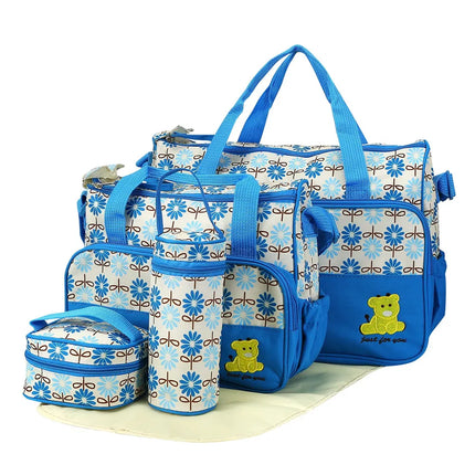 5pcs Baby Diaper Bag Set – Multi-Functional Mummy Travel Tote – Large Capacity Shoulder Bag with Changing Pad & Insulated Bottle Bag