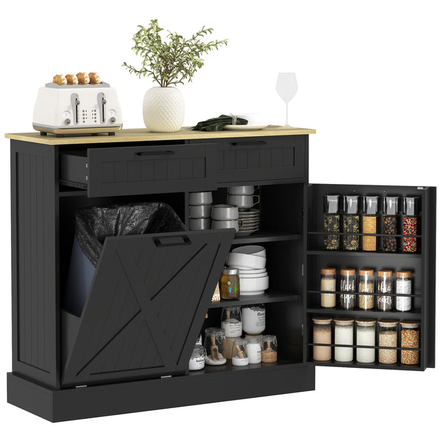 10 Gallon Tilt-Out Trash Can Cabinet with 2 Storage Drawers – Farmhouse Kitchen Trash Hidden Cabinet – Wooden Pet-Proof Waste Bin Holder in Black