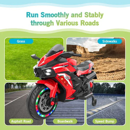 12V Kids Electric Ride-On Motorcycle – Sport Bike with Glowing LED Wheels & Bluetooth Music – Battery Powered 3-Wheel Tricycle for Boys & Girls 3-6 Years (Red)