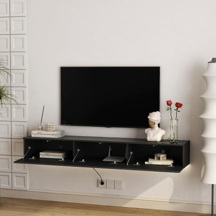 RGB LED Floating TV Cabinet in Glossy Black – Wall Hanging Gaming Media Stand – Modern Minimalist Entertainment Unit with Remote Control