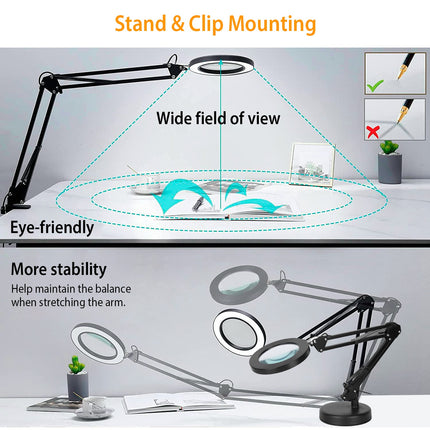 8X LED Magnifying Lamp with Clamp & Stand – 2-in-1 Swing Arm Desk Lamp – 3 Color Modes & 10 Brightness Levels for Craft, Repair, and Reading