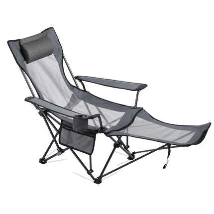 4-Position Reclining Camping Chair with Footrest – Portable Folding Lounge Chair – Heavy Duty Mesh Beach Chair with Headrest – Gray