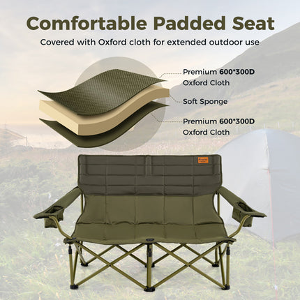 Oversized Padded Double Camping Chair – Thickened 2-Person Loveseat Couch – Heavy Duty Folding Seat with Cup Holders – Black & Gray