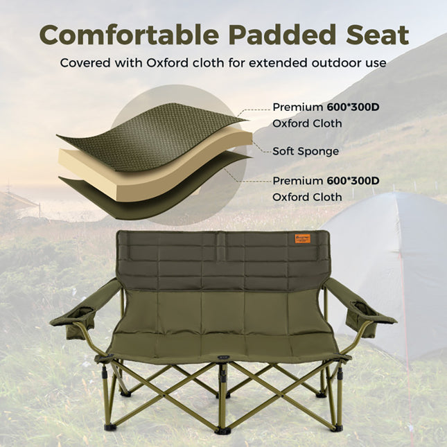 Oversized Padded Double Camping Chair – Thickened 2-Person Loveseat Couch – Heavy Duty Folding Seat with Cup Holders – Black & Gray
