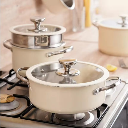 9-Piece Elite Ceramic Coated Cookware Set – Stainless Steel Pots & Pans with Steamer Insert – Sleek White & Silver