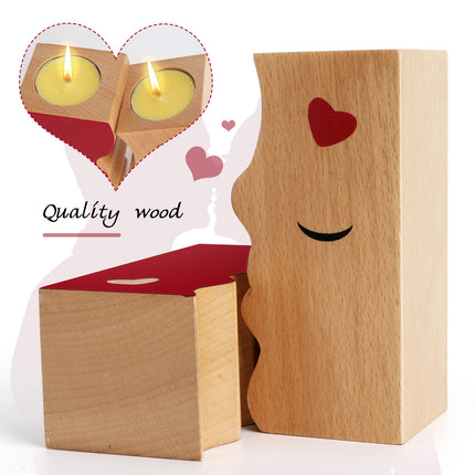 Kissing Couple Wooden Candle Holder Set – 2Pcs Romantic Anniversary Gift for Her/Him – Interlocking Heart-Silhouette Tea Light Holder for Home Decor