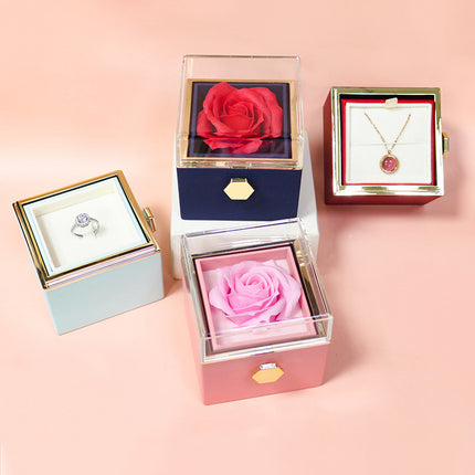 Creative Rotating Rose Jewelry Box – Eternal Soap Flower Gift Box for Necklace & Rings – Enchanted Spinning Rose Surprise for Valentine’s Day
