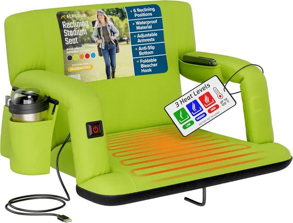 Heated Reclining Stadium Seat with Back Support – Extra Wide Portable Bleacher Chair for Sports Fans & Outdoor Events