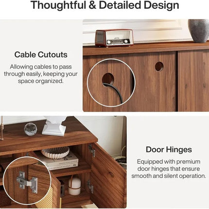 Sleek White & Wood TV Console – Mid-Century Modern Media Stand – Elegant Living Room Entertainment Unit with Wood Grain Accents