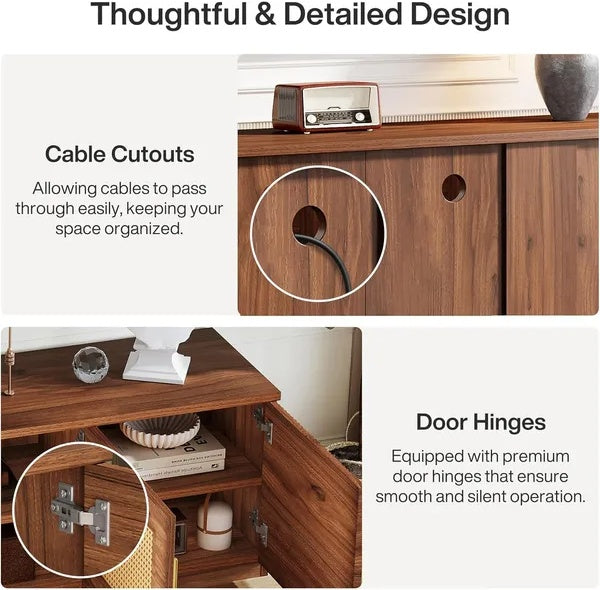 Sleek White & Wood TV Console – Mid-Century Modern Media Stand – Elegant Living Room Entertainment Unit with Wood Grain Accents
