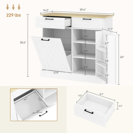 White Farmhouse Tilt-Out Trash Can Cabinet – 10 Gallon Hidden Waste Bin Holder – Modern Wooden Kitchen Island with 2 Storage Drawers