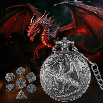 7-Piece Polyhedral Metal Dice Set with 3D Carved Pocket Watch Case – Retro Zinc Alloy RPG Dice for Tabletop Gaming & Role-Playing