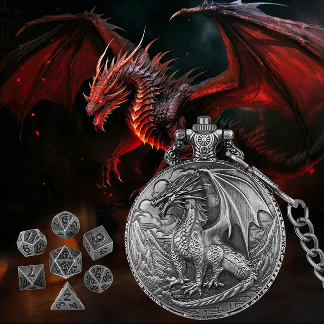 7-Piece Polyhedral Metal Dice Set with 3D Carved Pocket Watch Case – Retro Zinc Alloy RPG Dice for Tabletop Gaming & Role-Playing