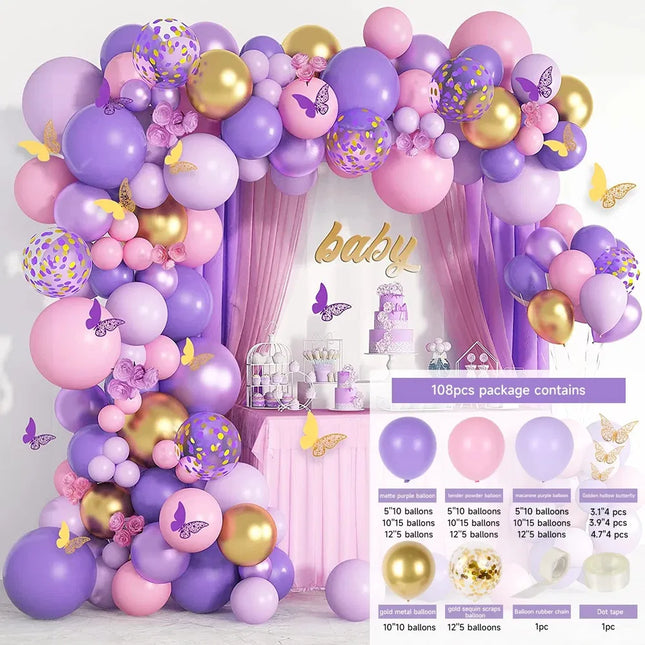 Purple and Pink Butterfly Balloon Garland Arch Kit – 3D Butterfly Decorations with Gold Confetti Balloons – Perfect for Baby Shower, Girls Birthday & Bridal Shower