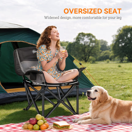 Heavy-Duty Folding Camping Chair – Portable Outdoor Lounge Chair with Side Pockets, Cup Holder & Carry Bag – Black & Gray