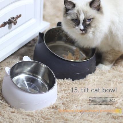 Elevated Double Stainless Steel Cat Bowls – 15° Tilted Cervical Protection Feeding Station – Ergonomic Food and Water Dishes for Cats and Small Dogs
