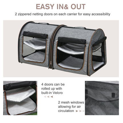 Portable Double Pet Carrier with Removable Divider – Two-Compartment Soft-Sided Cat & Dog Travel Bag – Foldable Grey Carrier with Padded Mats & Storage
