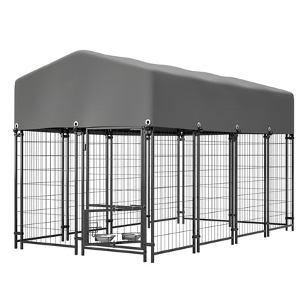Heavy Duty Outdoor Dog Kennel with Rotating Feeder – 7.8ft Welded Wire Enclosure with UV-Resistant Waterproof Roof – Secure Double-Lock Pet House