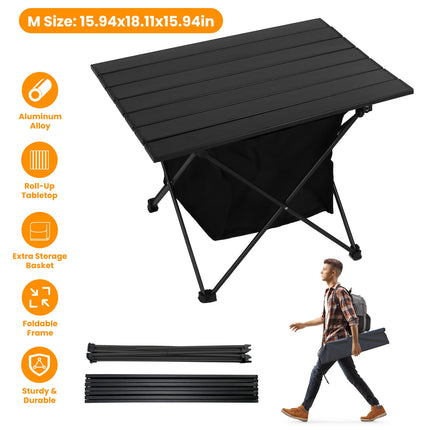 Aluminum Roll-Up Camping Table with Storage Mesh Basket – Lightweight Portable Picnic Table – Rustproof Folding Table for Hiking, BBQ & Fishing