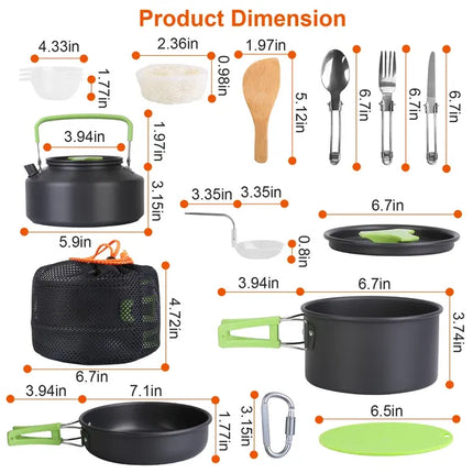 16-Piece Camping Cookware Mess Kit – Lightweight Outdoor Cooking Set with Stove, Pot, Kettle & Cutlery for Hiking & Picnic