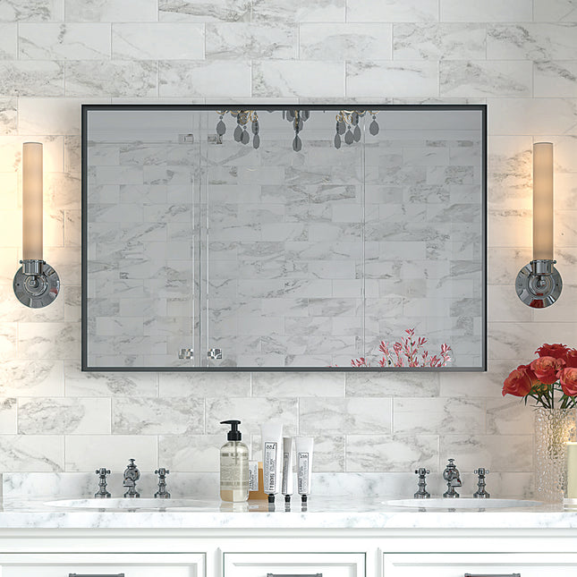 40" x 30" Glossy Black Bathroom Wall Mirror – Large Rectangular Vanity Mirror with Aluminum Frame – Modern Decorative Mirror for Home & Hotel
