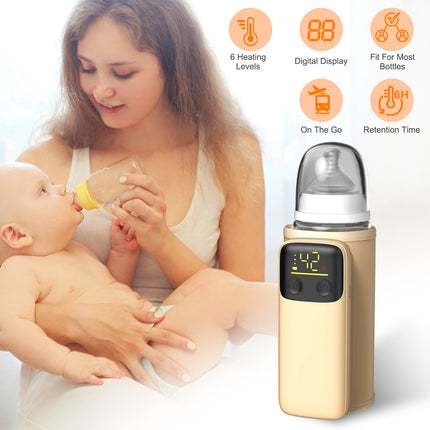 Portable Baby Bottle Warmer with Night Light – 6 Temperature Levels USB Rechargeable Milk Warmer – Travel Formula Heater for On-the-Go