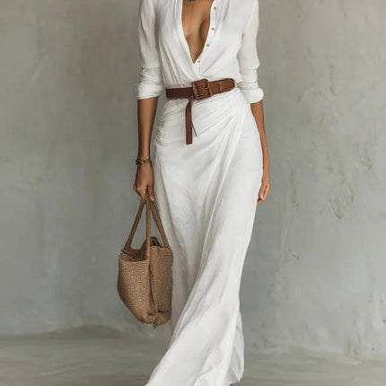 Women's Asymmetric Belted Shirt Dress – Elegant Button-Down Long Sleeve Midi Dress for Office Commuting & Chic Outfits