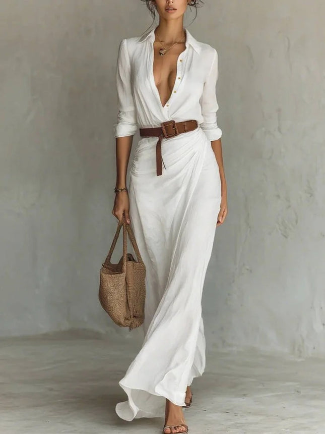Women's Asymmetric Belted Shirt Dress – Elegant Button-Down Long Sleeve Midi Dress for Office Commuting & Chic Outfits