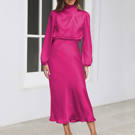 Women's Long Sleeve Matte Satin Midi Dress with Elastic Waist