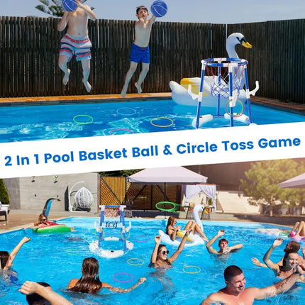 3-in-1 Floating Pool Basketball Hoop Set – Includes 4 Balls, 4 Toss Rings & Pump – Water Sport Games for Kids & Adults – Summer Pool Toy