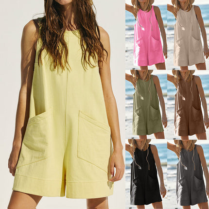 Women's Effortless Cotton Blend Shorts Jumpsuit – Stylish Sleeveless Romper with Pockets – Comfortable Loose Fit for Summer Beach & Casual Wear