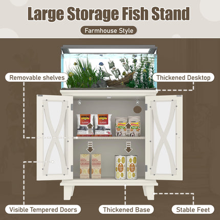 20 Gallon Fish Tank Stand with Built-in Power Outlets – Farmhouse Decorative Aquarium Cabinet with Storage – 4 AC & 2 USB Ports – Beige Pet Habitat Furniture