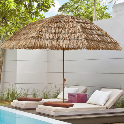 8ft Large Thatched Tiki Umbrella – Tropical Hawaii Style Patio Parasol – Heavy-Duty Raffia Thatch Hut Umbrella for Beach, Pool & Garden