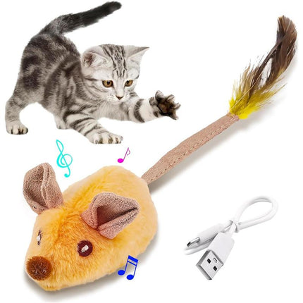 Interactive Robotic Mouse Cat Toy – Automatic Moving Mouse with LED Lights & Chirping Sounds – USB Rechargeable Toy with Feather Tail for All Breeds