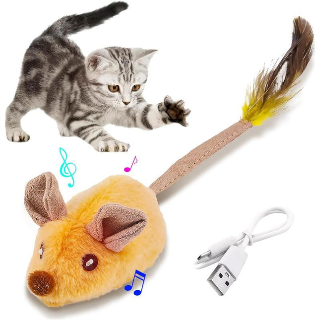 Interactive Robotic Mouse Cat Toy – Automatic Moving Mouse with LED Lights & Chirping Sounds – USB Rechargeable Toy with Feather Tail for All Breeds