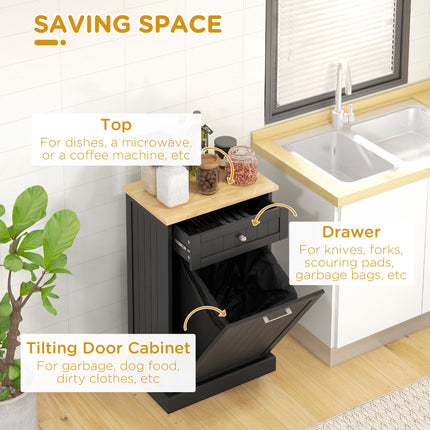 Compact Tilt-Out Trash Bin Cabinet – Single Drawer Hidden Garbage Holder – Black Wooden Recycling Cabinet for Small Kitchens & Laundry Rooms
