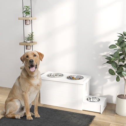 Elevated Dog Feeder Station with Storage Cabinet – 3 Stainless Steel Bowls & Slow Feeder Mat – Furniture-Style Raised Bowls for Large & Extra Large Dogs (White)